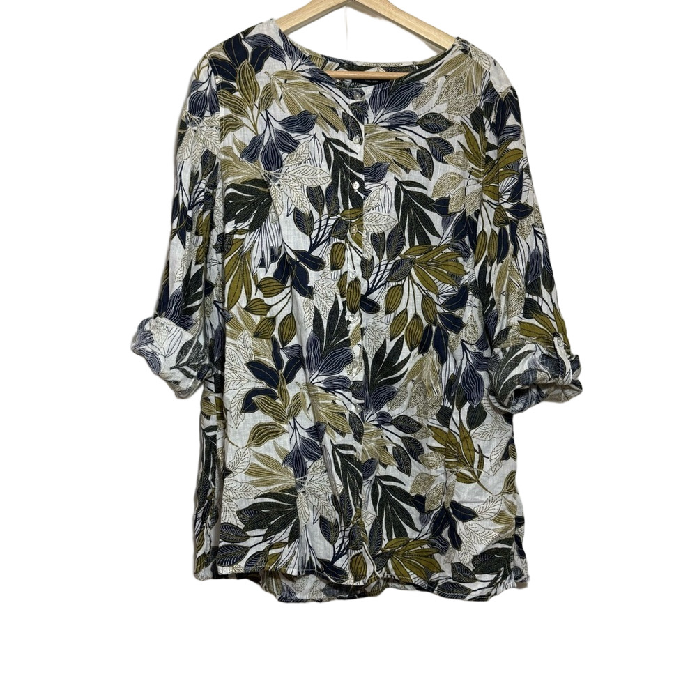 TAHARI 100% linen Floral leaves Print Women's button down long sleeves Top